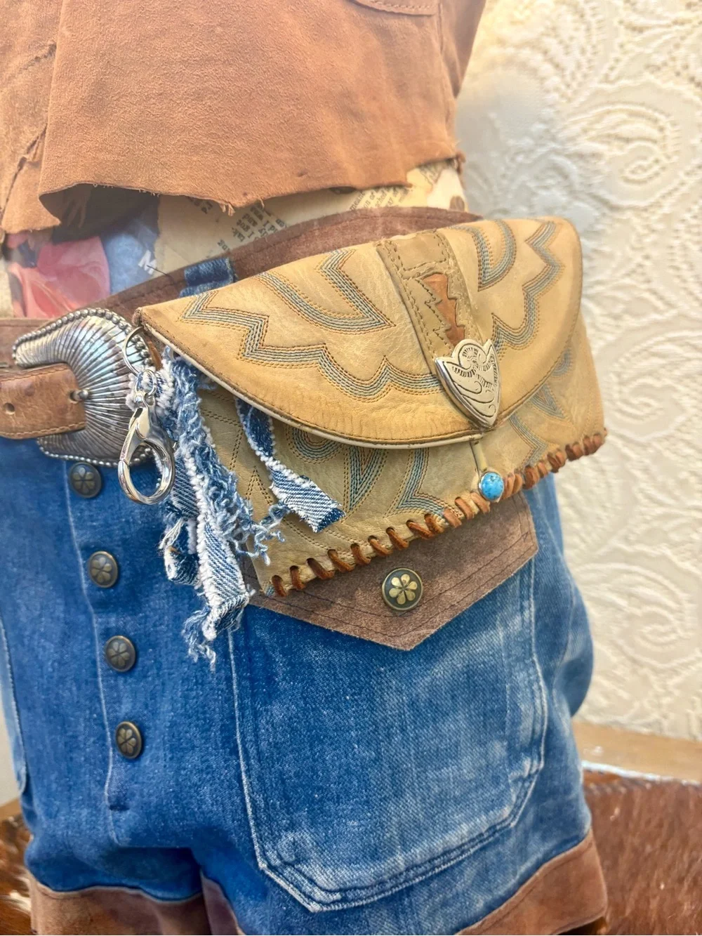 Vintage Tan Leather Western Clutch with Turquoise Accent